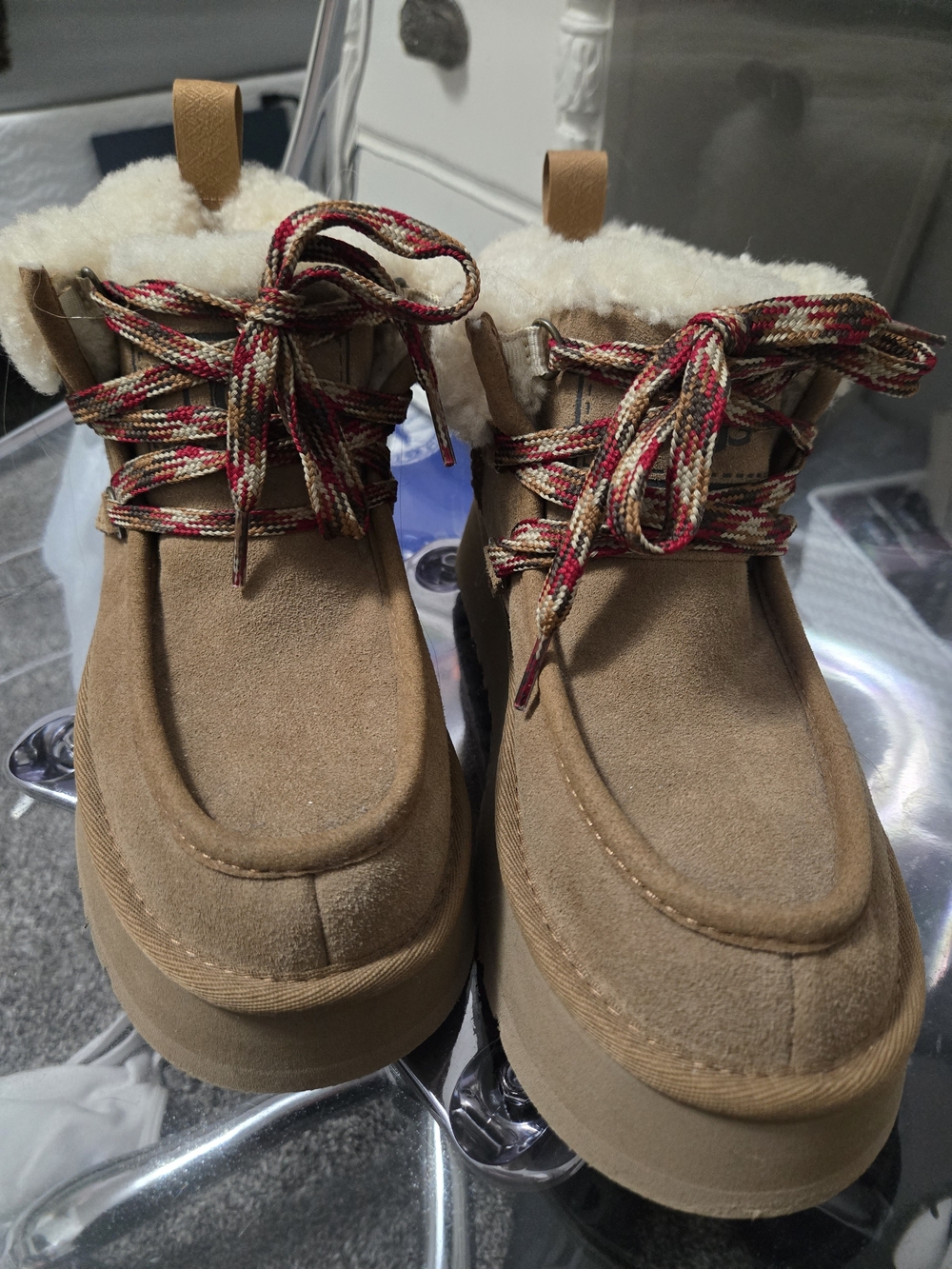 UGG Chestnut Suede Shearling-Lined Boots with Red Multicolor Laces